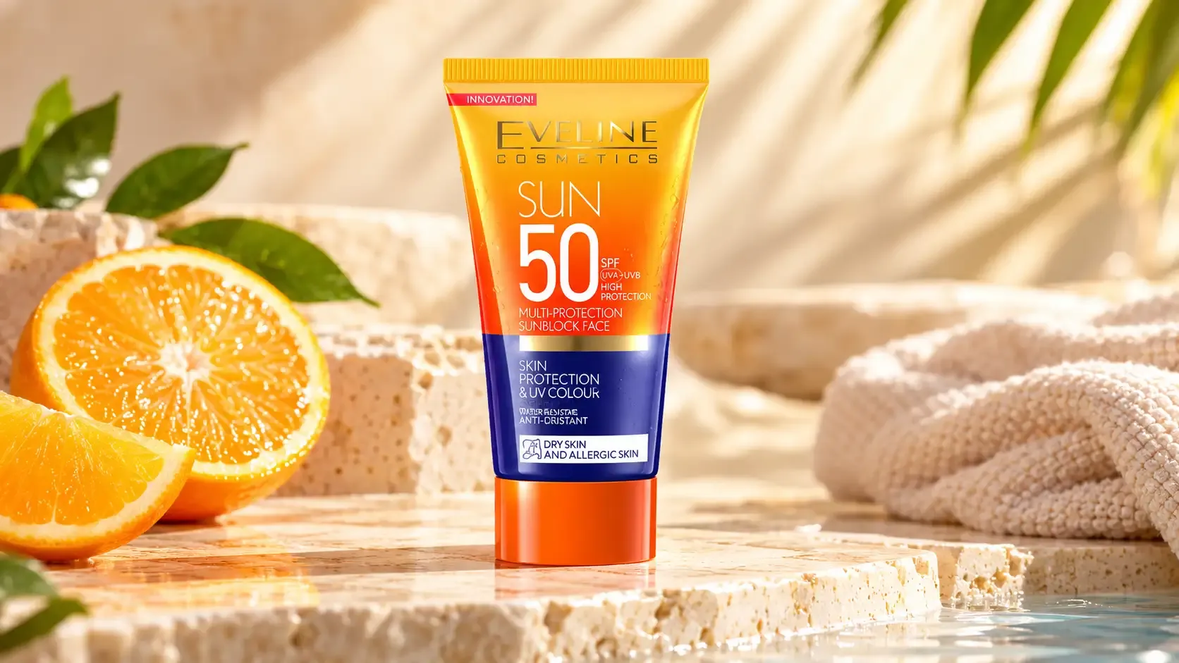 إيفلين واقي شمس SPF 50 للوجه لكل أنواع البشرة 5 واقي شمس إيفلين SPF 50 في مشهد سبا مشمس مع شرائح برتقال ومنشفة بيضاء وعناصر طبيعية