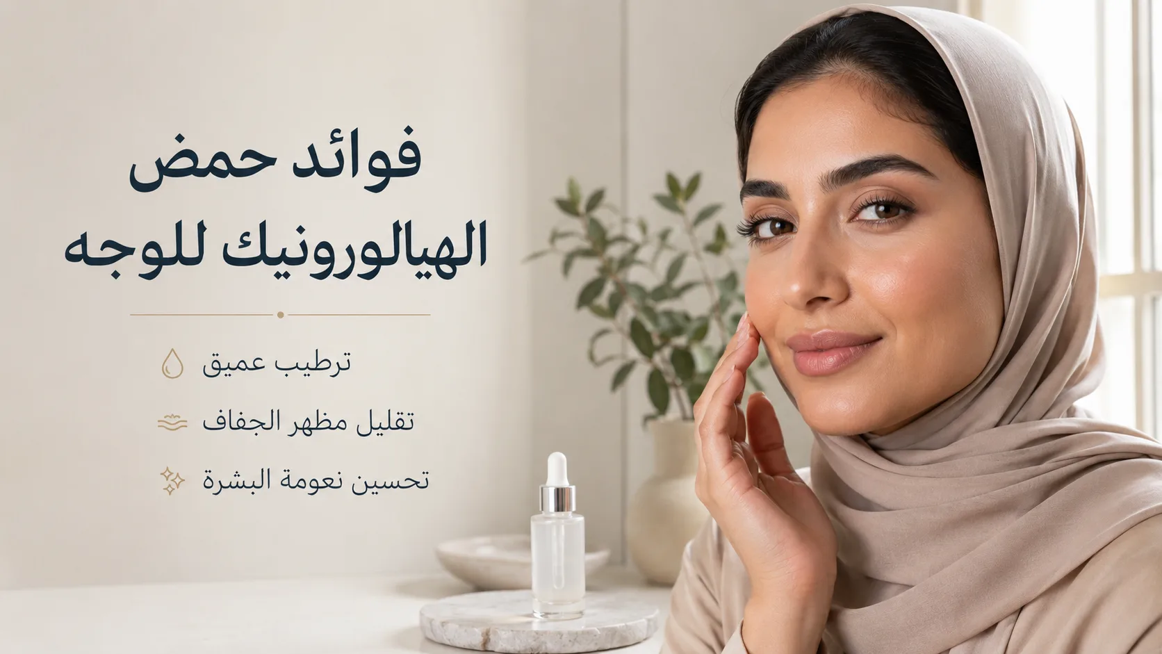 امرأة خليجية محجبة تظهر فوائد حمض الهيالورونيك للوجه