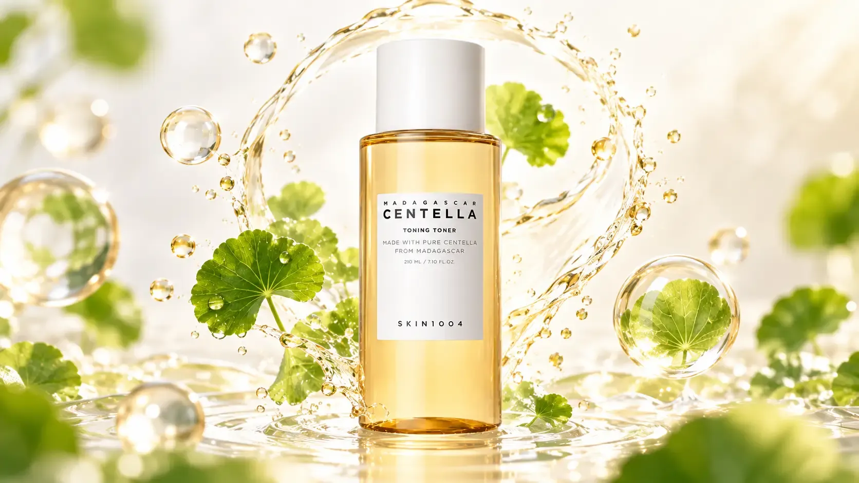 تونر سكين 1004 مدغشقر سينتيلا 210 مل وفوائده للبشرة 5 تونر مدغشقر SKIN1004 Centella Toning Toner 210 مل في مشهد بصري جذاب مرتبط بالإشراق والنعومة