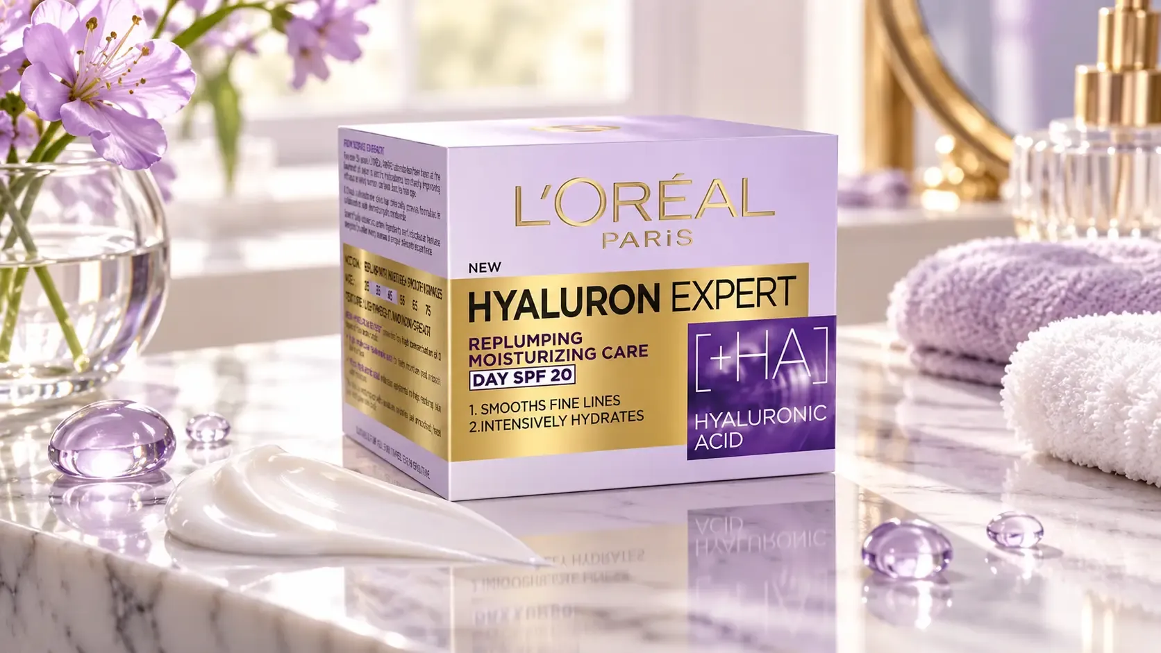 كريم لوريال هيالورونيك اسيد النهاري Hyaluron Expert SPF 20 بجانب أزهار بنفسجية ومنشفة ناعمة وقوام كريمي أبيض.