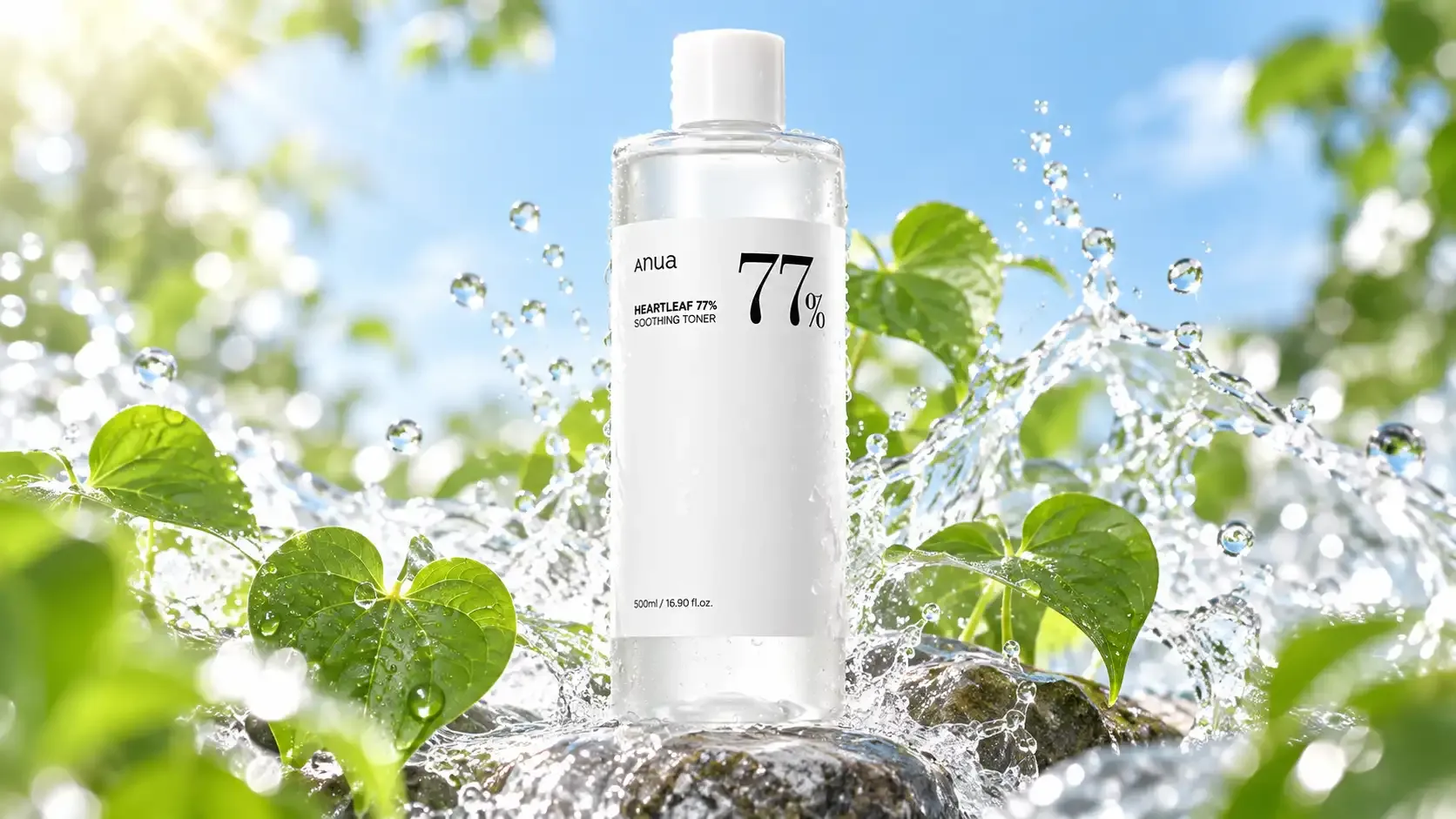 تونر انوا 77 هارتليف 500 مل: الفوائد وطريقة الاستخدام وهل يناسب الحبوب؟ 5 عبوة anua heartleaf toner 500ml في تكوين زجاجي مائي مع أوراق خضراء وإضاءة ناعمة