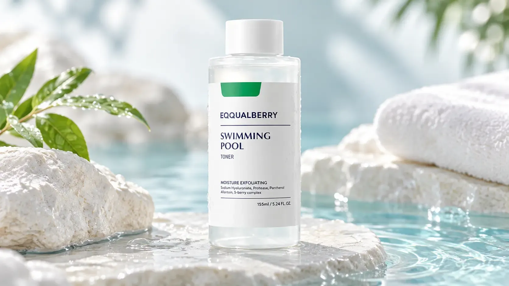 تونر حمض الازيليك أم Eqqualberry Swimming Pool Toner 155 مل؟ المكونات والفرق 4 عبوة تونر Equalberry Swimming Pool بحجم 155 مل وسط تأثيرات مائية منعشة ورذاذ خفيف في مشهد حيوي يوحي بالنقاء والترطيب.