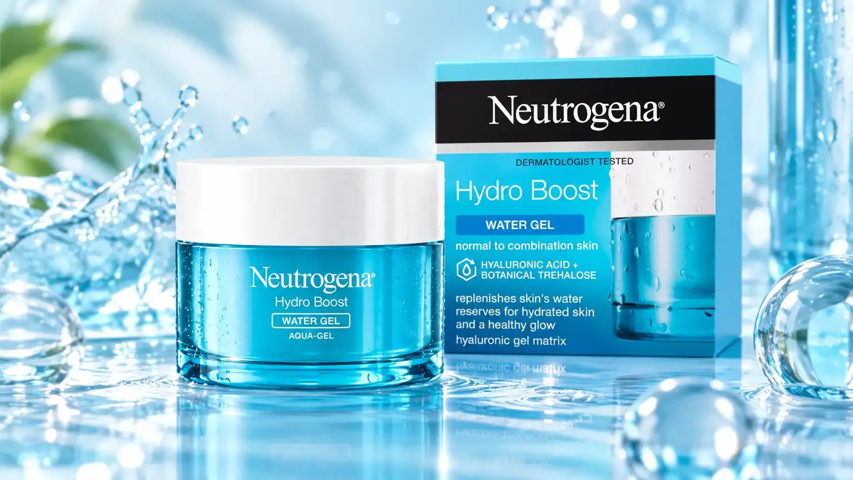 مرطب نيتروجينا المائي Hydro Boost Water Gel مع علبته الأصلية وسط قطرات ماء وخلفية منعشة.