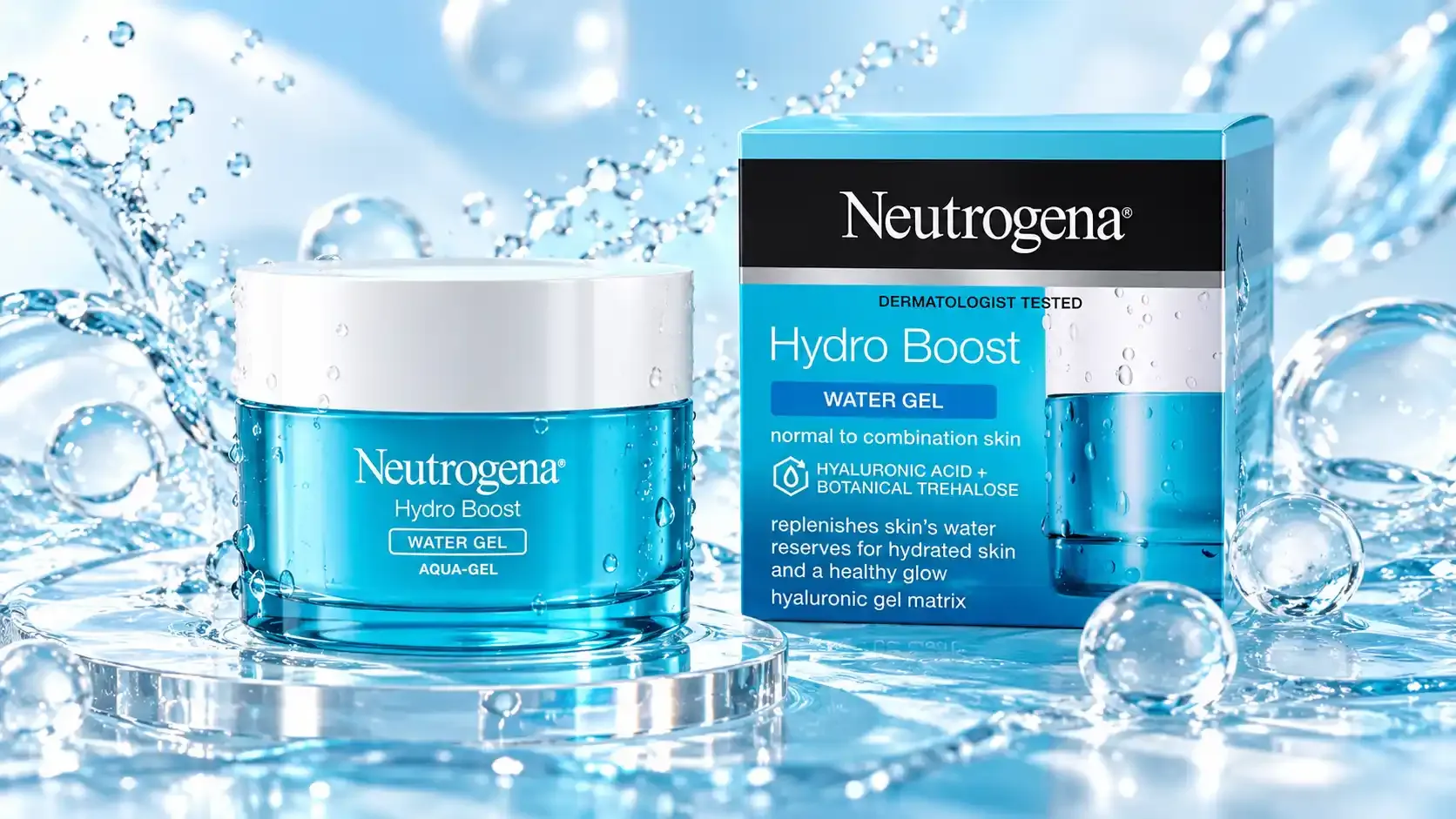عبوة من مجموعة Neutrogena Hydro Boost داخل مشهد مائي ديناميكي بخلفية زرقاء ساطعة.