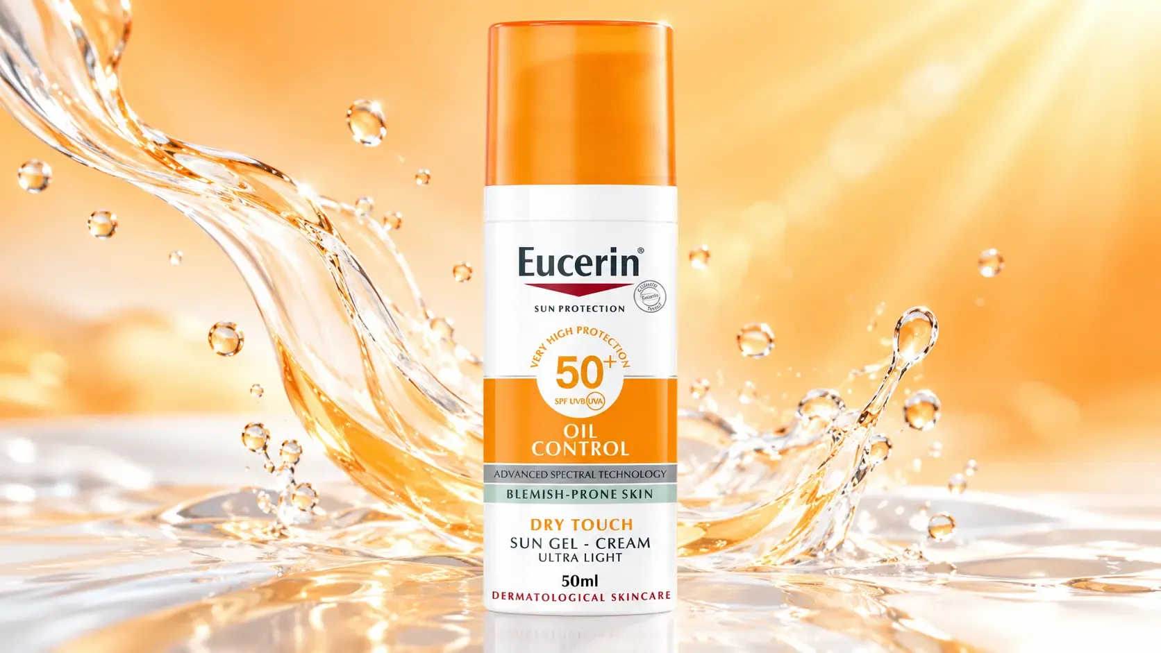 عبوة يوسيرين اويل كنترول +SPF 50 معروضة على قاعدة دائرية داخل مشهد استوديو دافئ بتصميم بسيط وألوان برتقالية وبيضاء.