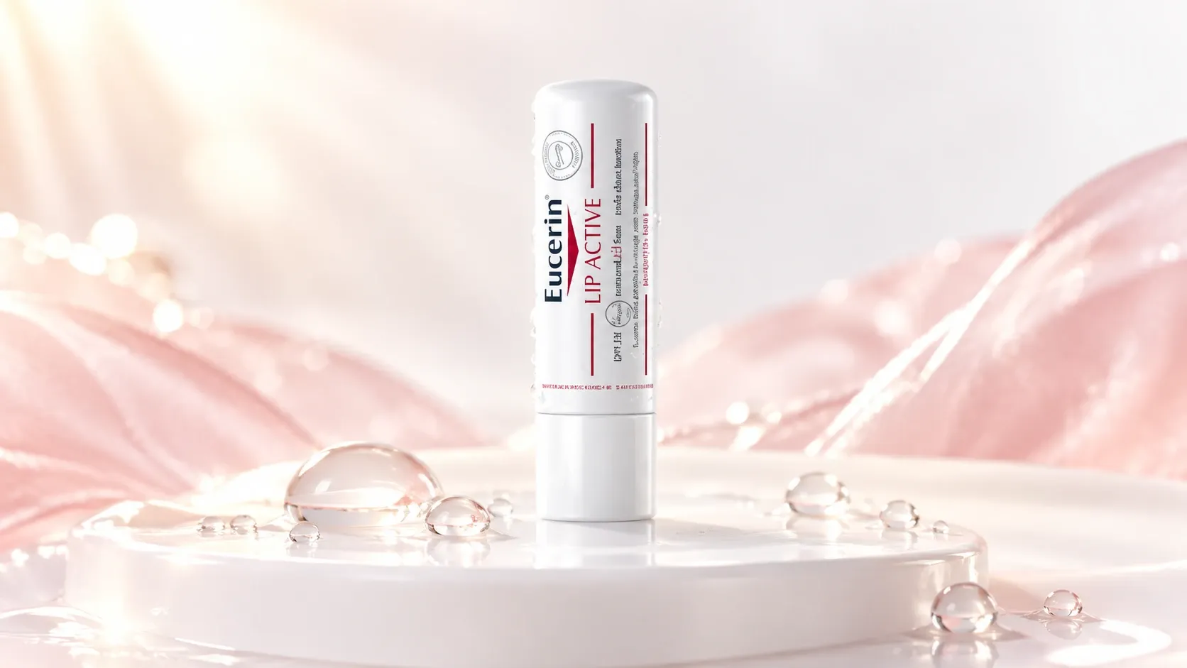 مرطب شفاه eucerin في مشهد وردي ناعم مع إضاءة ندية وخلفية تجميلية بسيطة.
