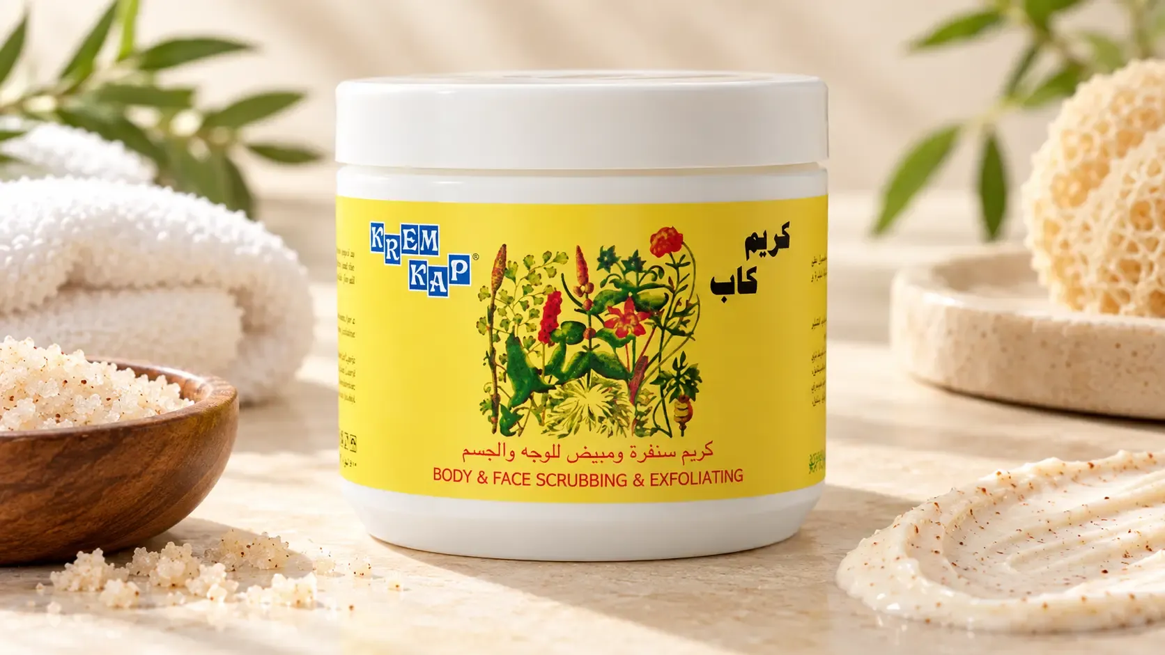 كريم كاب مقشر في عبوة بيضاء بملصق أصفر، محاط بملح التقشير ومنشفة بيضاء ومستلزمات العناية بالجسم.