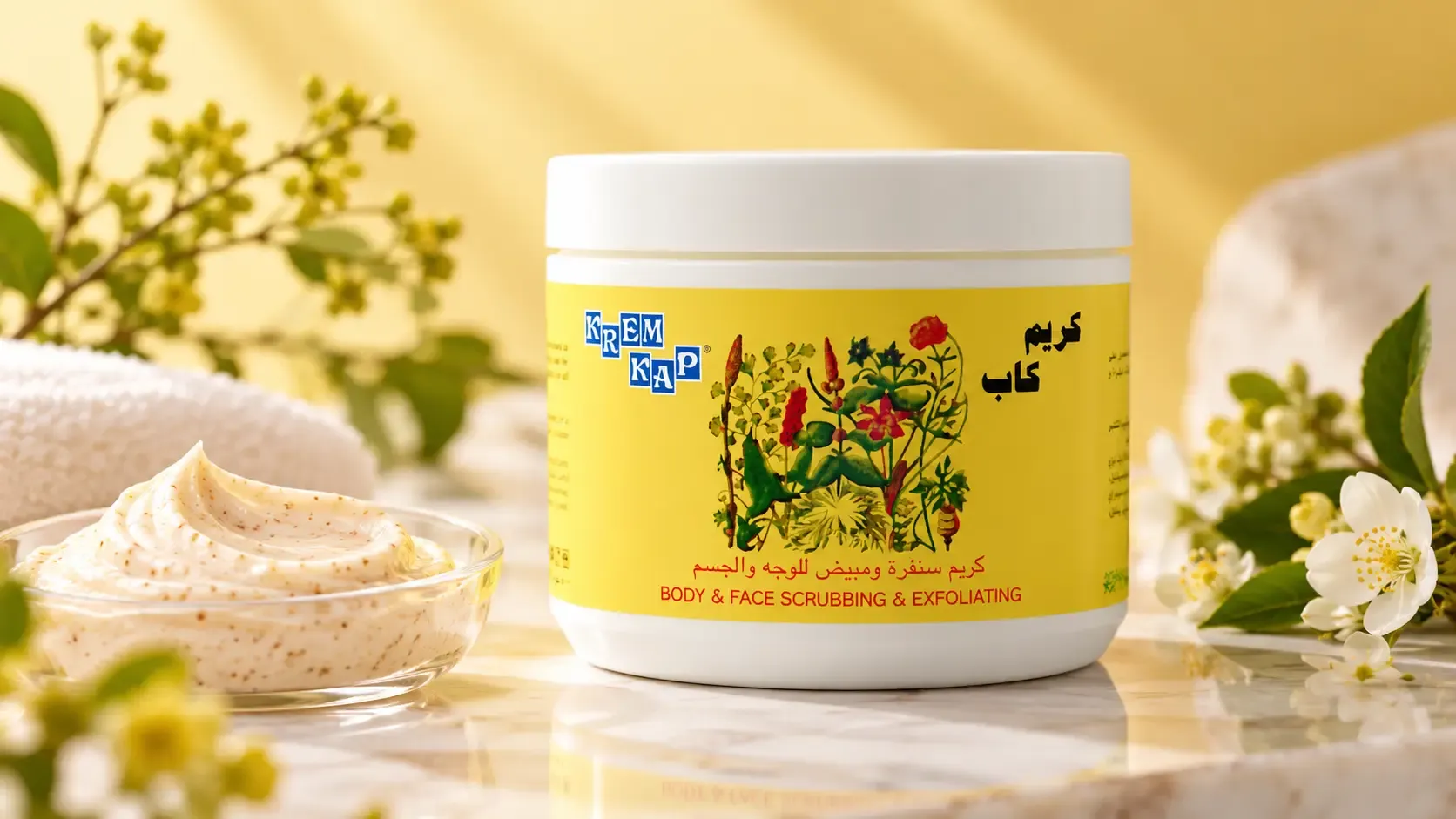 كريم كاب مقشر للوجه والجسم بجوار وعاء زجاجي يحتوي على كريم ذي قوام حبيبي، مع أزهار بيضاء وأوراق خضراء.