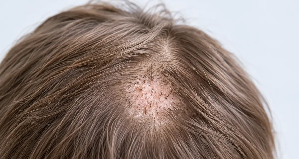 فطريات فروة الرأس (Tinea Capitis) تظهر فيها منطقة بها قشور بيضاء وشعر قصير متكسر مع تساقط موضعي.